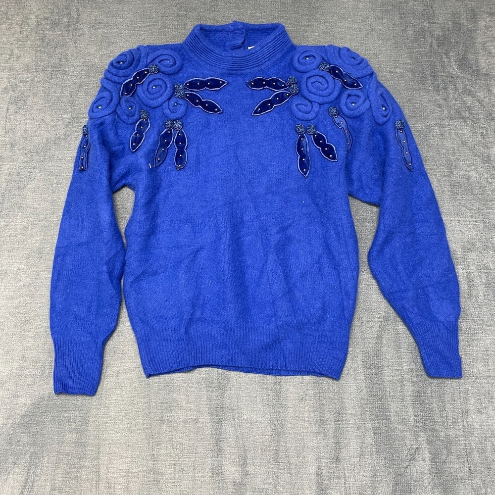 VTG Cervelle Sweater Womens Small Cobalt Blue Knit Lambwool Floral Applique